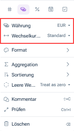Zeigt das Variableneinstellungsmenü in Lucanet xP&A mit dem Feld „Währung“ (Wert „EUR“) und dem Feld „Wechselkur…“ (Wechselkurstyp, Wert „Standard“) sowie weiteren Optionen wie „Format“, „Aggregation“, „Sortierung“ und „Löschen“. Rot markiert sind die Felder „Währung“ und „Wechselkur…“.