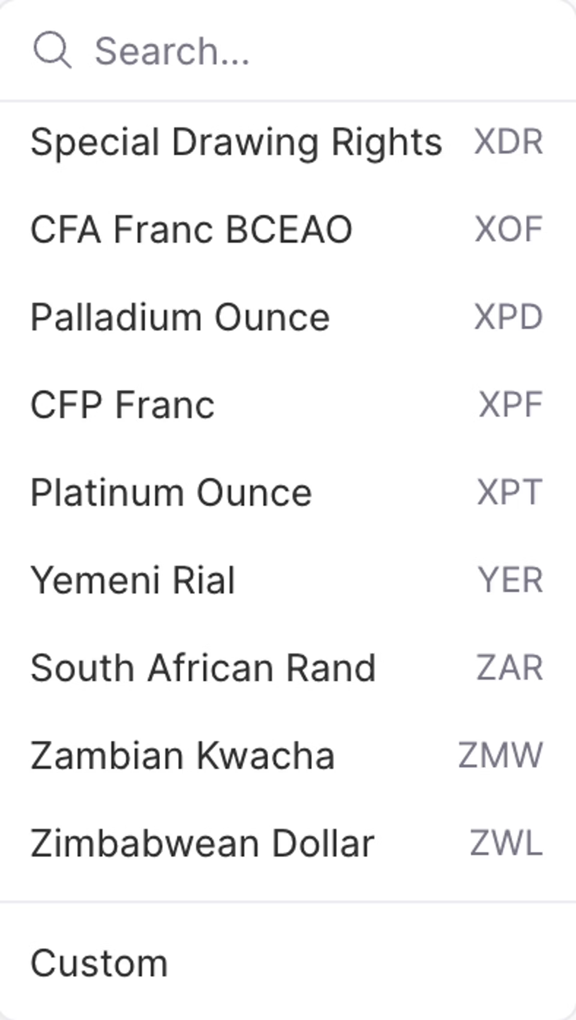 Zeigt das untere Ende der Währungsauswahlliste in Lucanet xP&A, u. a. mit den Währungen „South African Rand (ZAR)”, „Zambian Kwacha (ZMW)” und „Zimbabwean Dollar (ZWL)”, sowie die Option „Custom” ganz unten in der Liste.