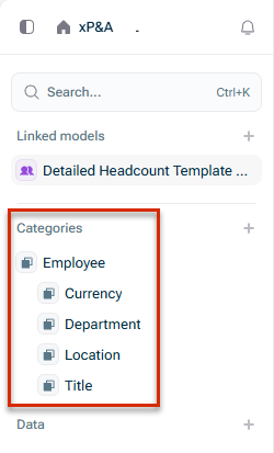 Zeigt die Seitenleiste eines Modells in xP&A mit dem (veralteten) Abschnitt 'Categories', rot umrandet, mit aufgeklapptem Element 'Employee' und den untergeordneten Elementen 'Currency', 'Department', 'Location' und 'Title'.