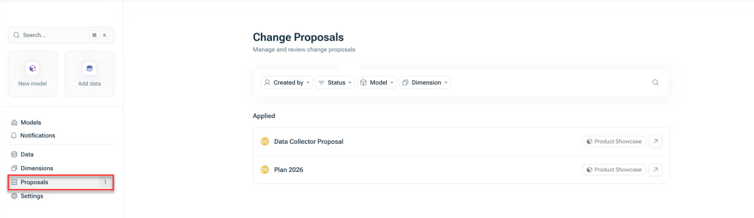 Zeigt den Arbeitsbereich 'Change Proposals' in xP&A (Benutzeroberfläche auf Englisch). Hervorgehoben in Rot ist der Menüpunkt 'Proposals' in der Seitenleiste.