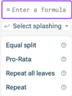 Shows the formula bar and the Select spashing dropdown menu with its types Equal split, pro-rata, Repeat all leaves, Repeat