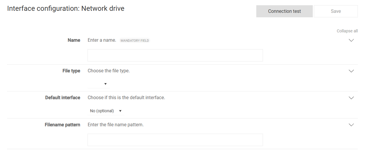 Shows the 'Interface configuration: Network drive' page in VAT with the 'Connection test' and 'Save' buttons, the mandatory 'Name' field, the 'File type' drop-down list, the 'Default interface' drop-down list with the value 'No (optional)', and the 'Filename pattern' field.