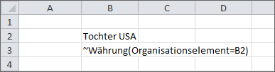 Zeigt einen Excel-Ausschnitt mit einer Tildeformel ~Währung