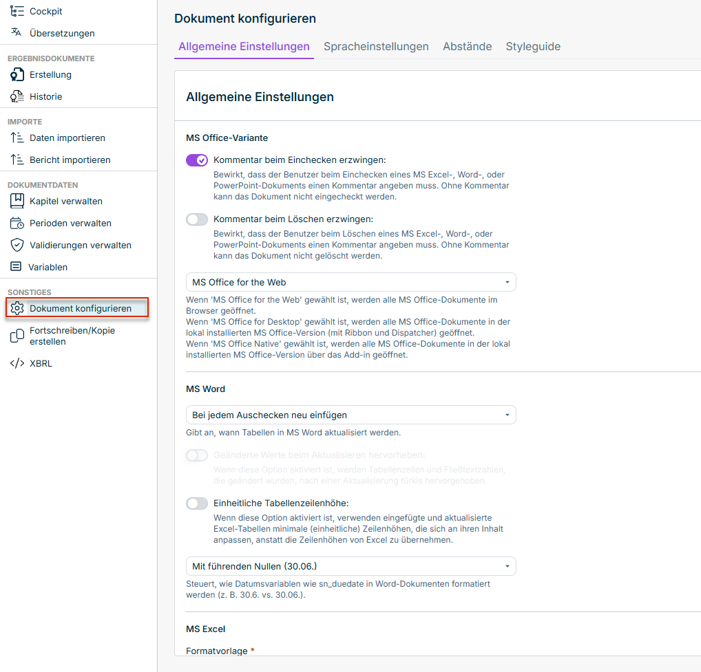 Arbeitsbereich 'Dokument konfigurieren'