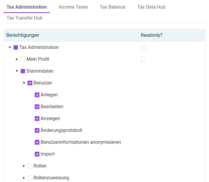 Beispiel für die Rollenkonfiguration für 'Tax Administration'