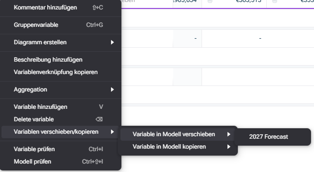Zeigt das Kontextmenü einer Variablen und die Optionen zum Verschieben einer Variablen in ein Modell an