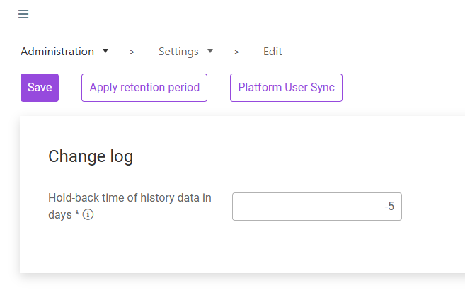 Settings workspace showing the Save and Apply retention period buttons and the Change log section with a Hold-back time of history data in days field