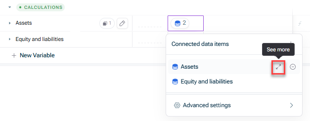 Zeigt das Dropdown 'Connected data items' für eine Datenspalte mit 2 verknüpften Elementen ('Assets', 'Equity and liabilities'). Rot hervorgehoben ist das Pfeil-Symbol 'Erweitern' neben 'Assets', mit dem Tooltip 'See more' (Benutzeroberfläche auf Englisch).