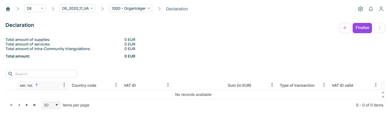 Shows the 'Declaration' workspace of the European Sales List in VAT for the period 'DE_2020_11_VA' and the company '1000 - Organträger' with the plus icon, the 'Finalise' button, the three-dot icon, and the totals 'Total amount of supplies', 'Total amount of services', 'Total amount of intra-Community triangulations', and 'Total amount', each with '0 EUR'. Below them are the 'Search' field and the empty table with the columns 'ser. no.', 'Country code', 'VAT ID', 'Sum (in EUR)', 'Type of transaction', and 'VAT ID valid'.