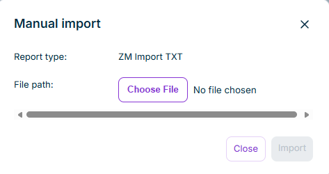 Shows the 'Manual import' dialog of the European Sales List in VAT with the report type 'ZM Import TXT', the 'File path' field with the 'Choose File' button, and the 'Close' and 'Import' buttons.