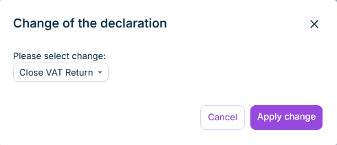 Shows the 'Change of the declaration' dialog of the European Sales List in VAT with the 'Please select change:' drop-down list with the value 'Close VAT Return' and the 'Cancel' and 'Apply change' buttons.