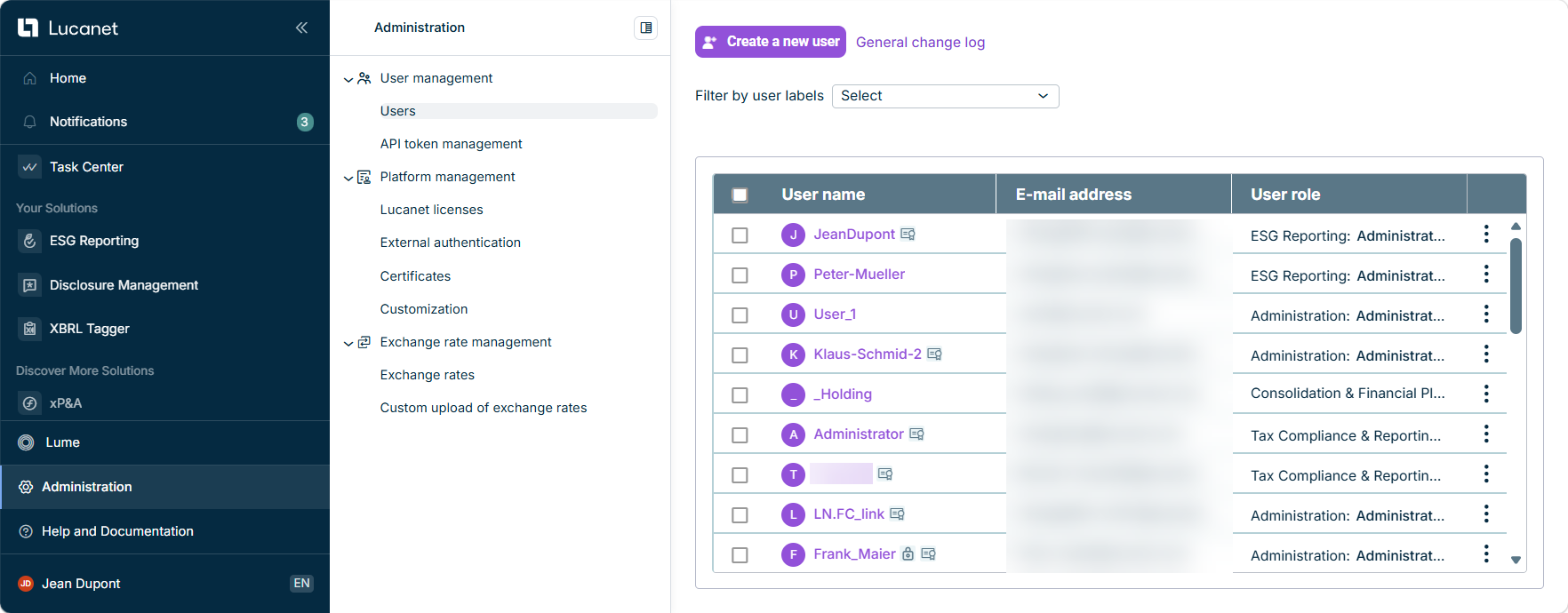 User interface of the administration on the Lucanet CFO Solution Platform