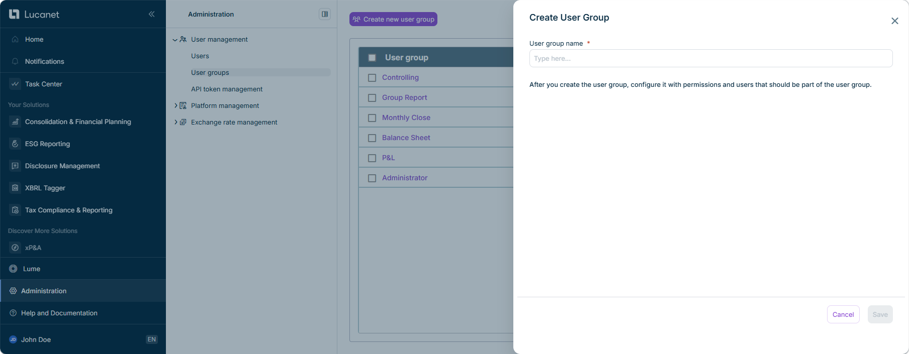 The 'Create User Group' side panel with the mandatory 'User group name' field.