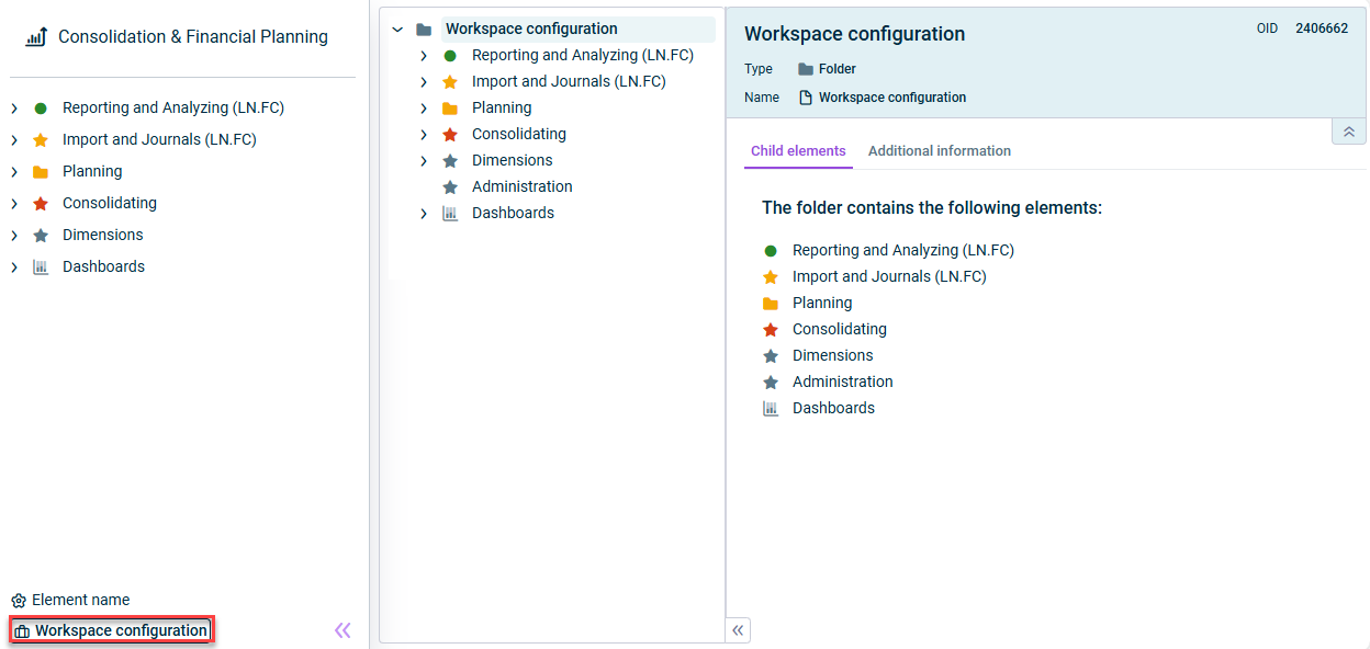 Displays the workspace configuration in Consolidation & Financial Planning