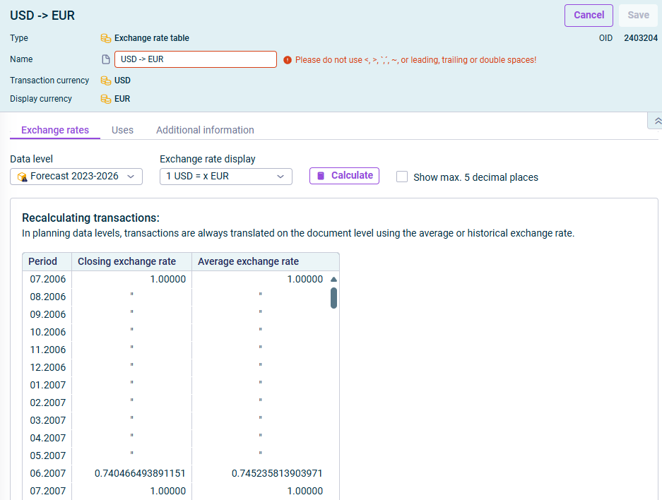The dialog for editing an exchange rate table is displayed.