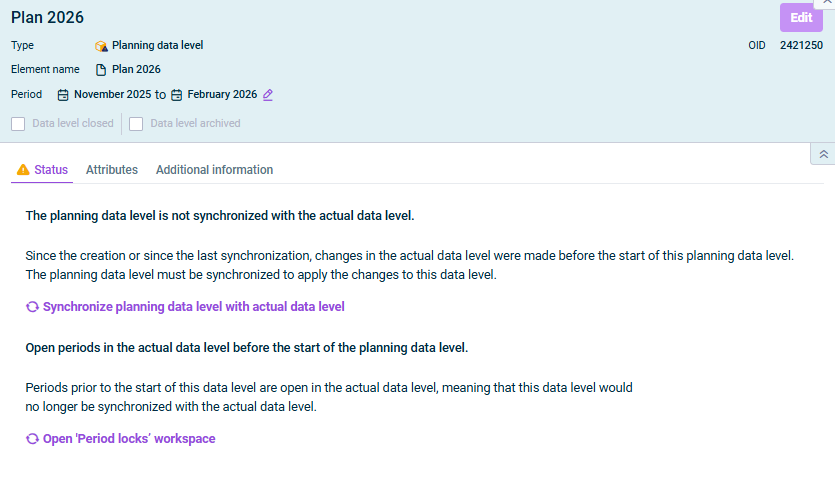 The dialog for editing a plan data level is displayed.