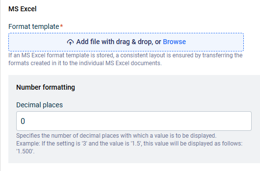 'MS Excel' dialog with the settings for the format template and number formatting