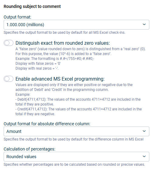 'Comment-required roundings' dialog with the settings for the display and programming of values in MS Excel