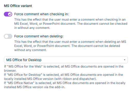 'MS Office' dialog with the settings for MS Office documents