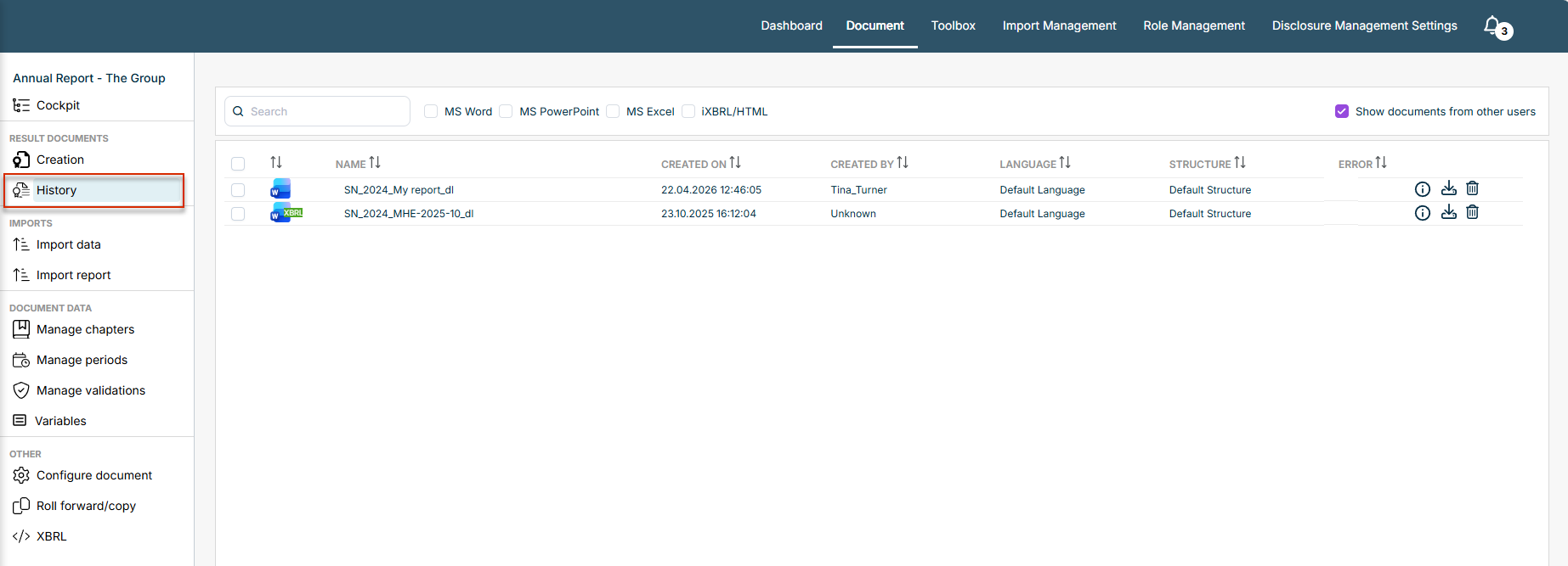 Displays the 'History' workspace. In the overview, the 'History' link is outlined in red.