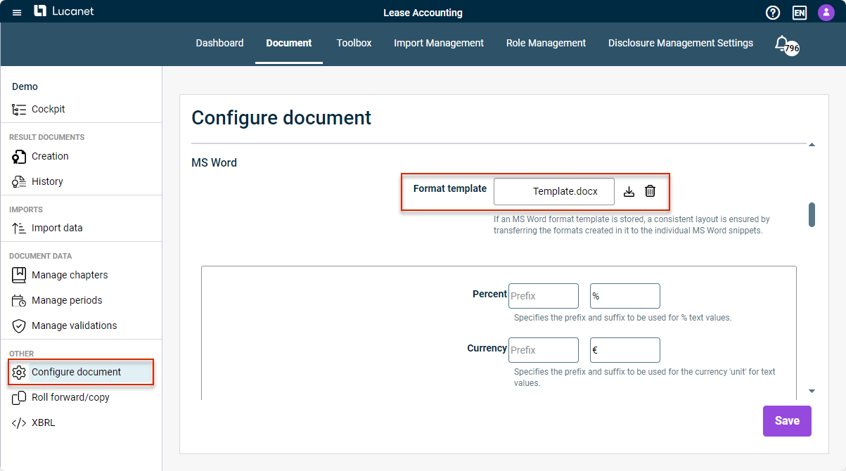 Shows the 'Configure document' workspace. The 'MS Word' area is displayed. The options for the format template are outlined in red.