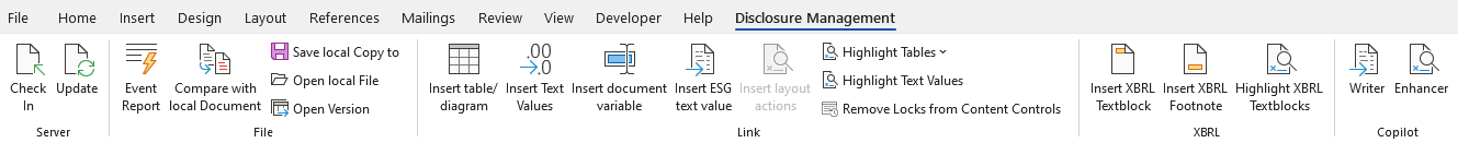 Displays the Word ribbon for Disclosure Management.
