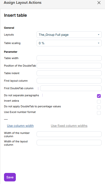 The 'Layout Actions zuweisen' task pane in Office for the Web, with the 'General' and 'Parameter' areas and the column-width options.