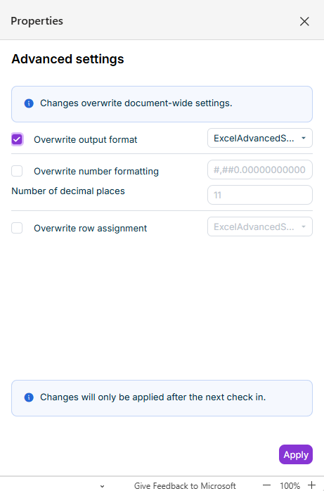 The advanced settings of an Excel file are displayed as a task pane in Office for the Web.