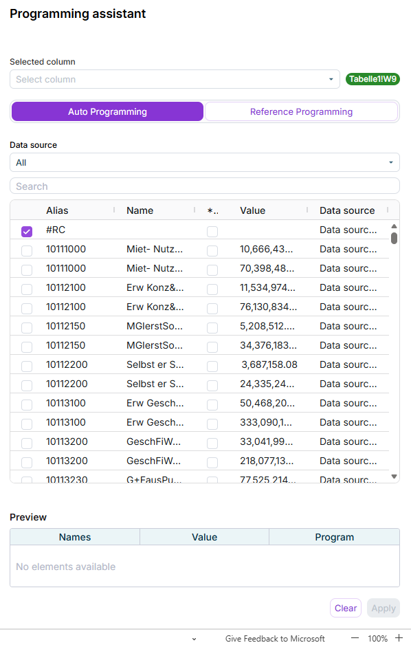 The Programming Assistant of Disclosure Management is displayed as a task pane in Office for the Web. The 'Auto Programming' tab is open.