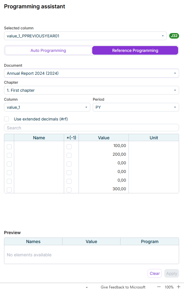 The Programming Assistant of Disclosure Management is displayed as a task pane in Office for the Web. The 'Reference Programming' tab is open.