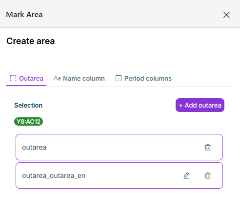 Task pane for creating and editing outareas and columns