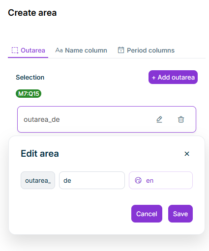 On the 'Outarea' tab, a pencil icon for editing and a trash icon for deleting are displayed next to an entry.