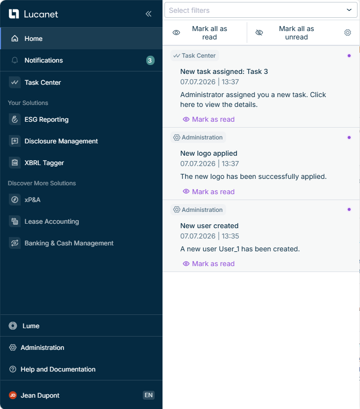 Displays the 'Notifications' section in the main menu