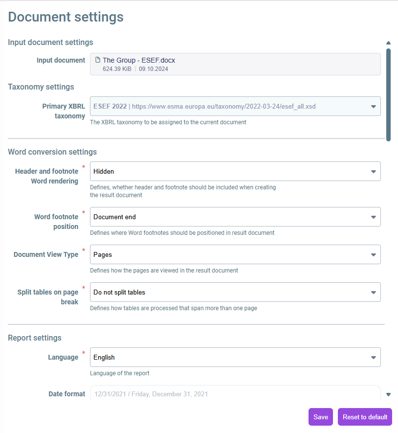 Part of the XBRL Tagger. In the overview, the button for opening the settings is outlined in red.