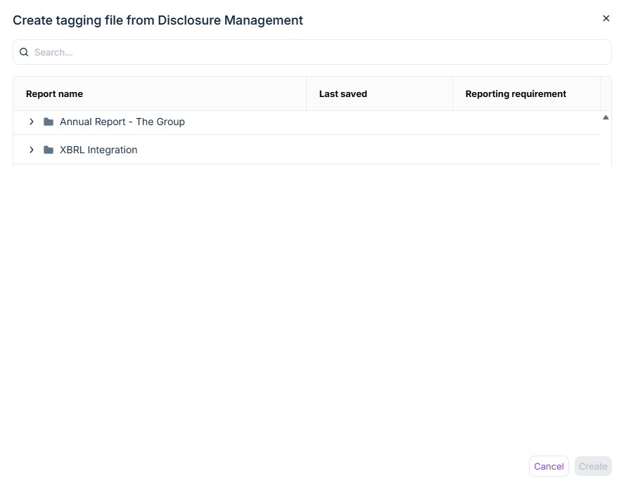 Dialog 'Create tagging file from Lucanet Disclosure Management'. The dialog shows two documents from Disclosure Management.