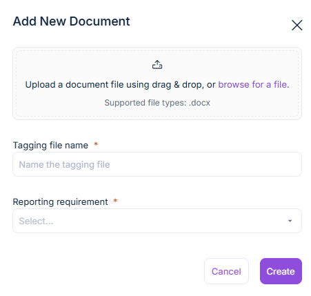 Screenshot: 'Add a new document' dialog showing both DOCX and PDF as supported file type
