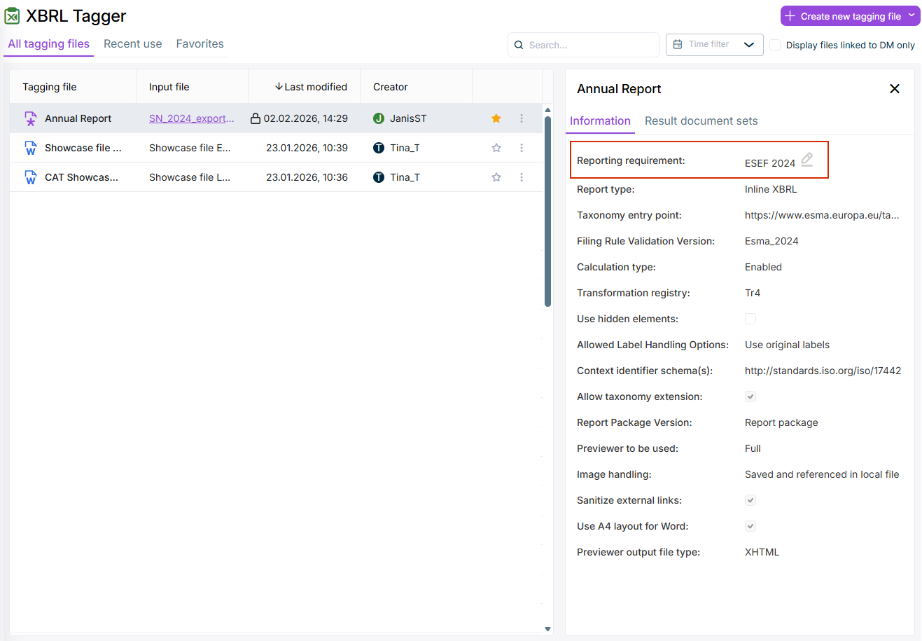 Dashboard with four documents. Information on the selected document is displayed to the right of the list of documents, e.g. the selected reporting requirement.