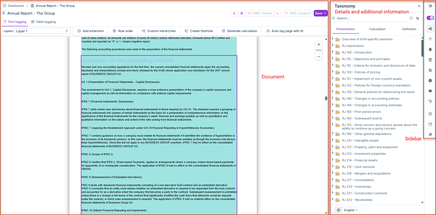 Shows the 'XBRL document' workspace. The headings of the three main areas 'Tagging', 'Properties,' and 'Taxonomy' are outlined in red.