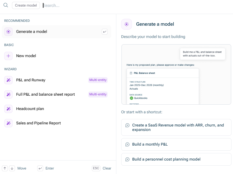 The dialog used to create a new model is shown. The sections BASIC, WIZARD/AI and TEMPLATES are highlighted.