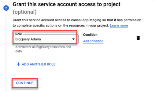 Shows the dialog 'Grant this service accpunt access to project'. Highlighted is the dropdown menu 'Role' and the 'Continue' button