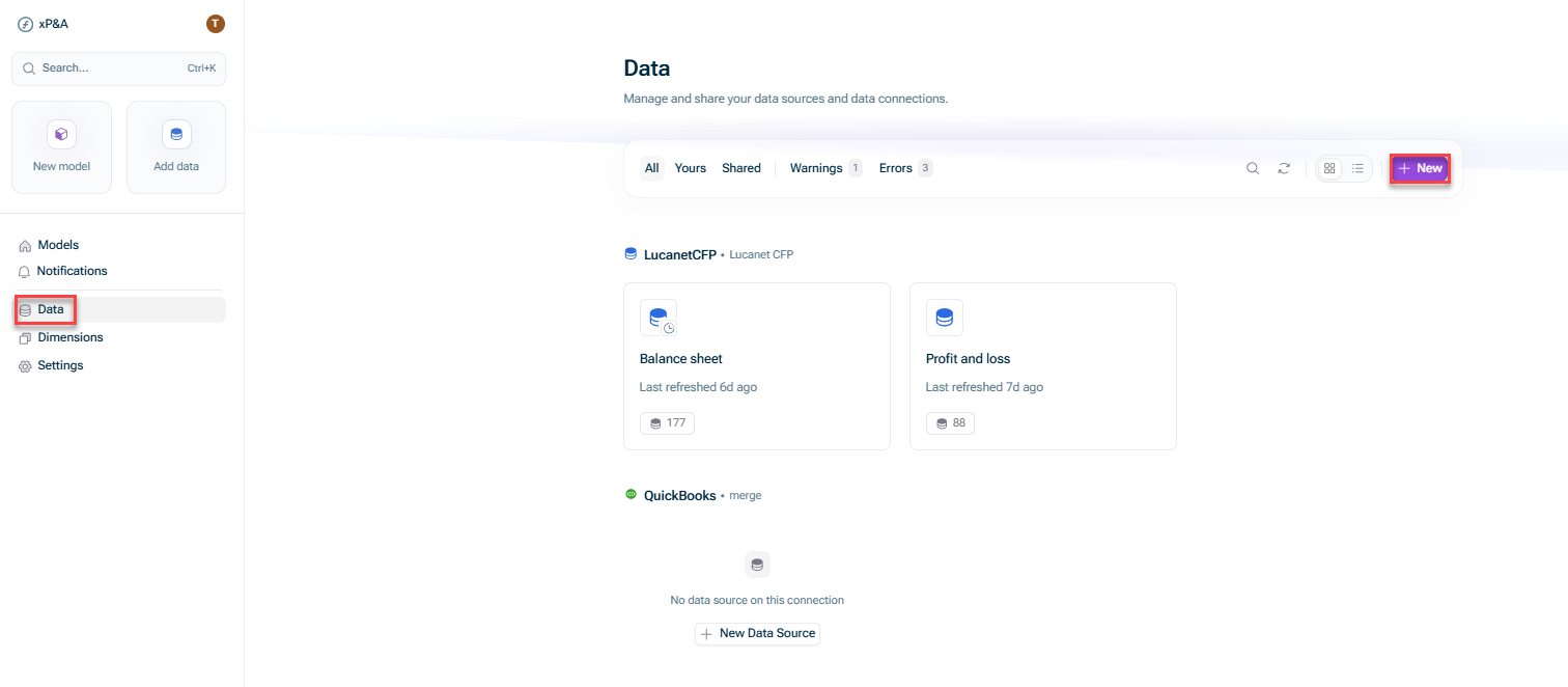 Shows the start page of Lucanet xP&A. Highlighted are the buttons that need to be used to create a new data source connection from the start page.
