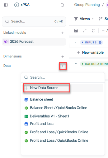 Shows the view of a model. Highlighted are the buttons that need to be used to create a new data source connection from the model view.