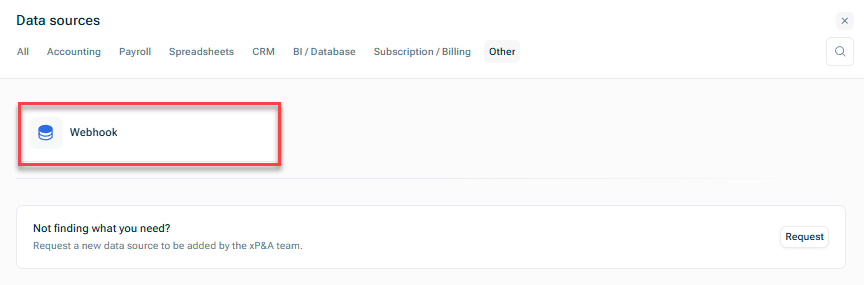 Shows the 'Data Sources' dialog. Highlighted is the Webhook Data source option on the lasttab 'Others'