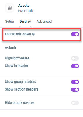 Shows the option 'Enable drill-down' on the Display tab that appears when editing the settings of a chart or table