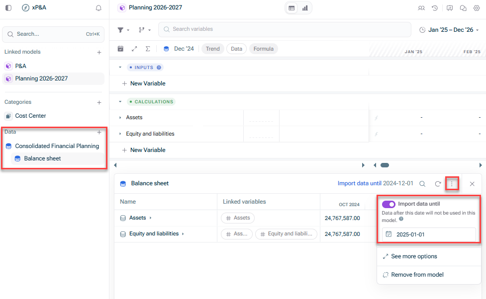 Shows the option to adjust the 'Import data until' function that opens when a user clicks on the three-dot menu in the data preview of a data source in a model