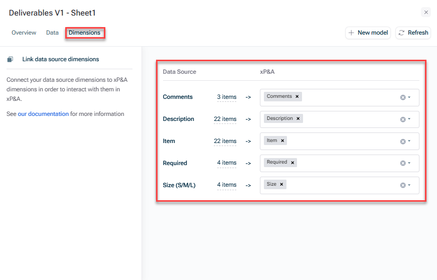 Shows the configuration field to link categories of a data source to categories in xP&A when opening the 'Categories' tab of a data source.