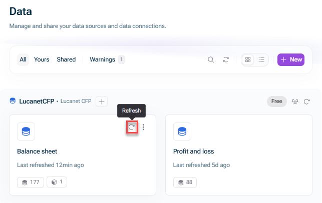Shows the button in the 'Data' workspace that can be used to refresh a data source.
