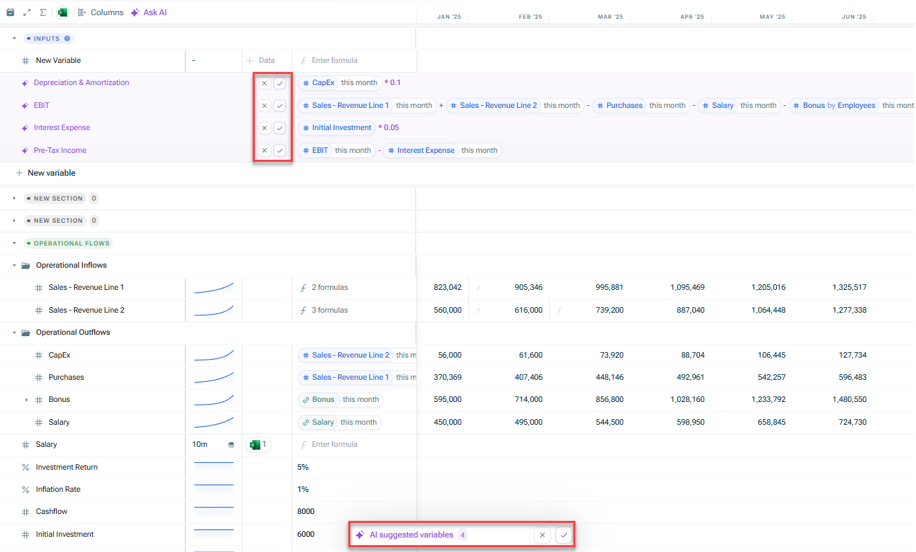 Shows the spreadsheet of a model. Highlighted are the icons to individually reject or accept a suggestion and at the bottom the option to accept or reject all AI-suggested variables. in bulk