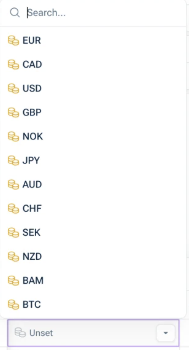 Shows the currency drop-down of a dimension item in the currency column.
