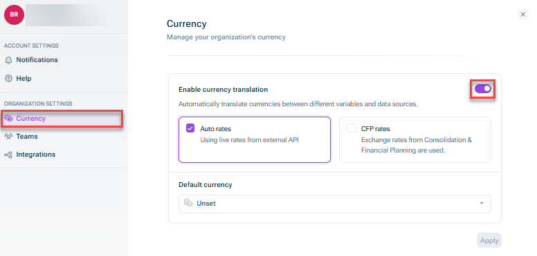 Shows the currency settings in the Settingworkspace. Highlighted is the toggle to enable currency translation